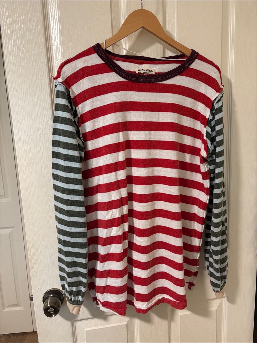 Free People Red & White Striped Long-Sleeve Tee with Gray Striped Sleeves